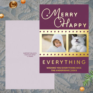 Merry Happy Chic 2 Photo Word Art Paarse Goud Folie Feestdagenkaart