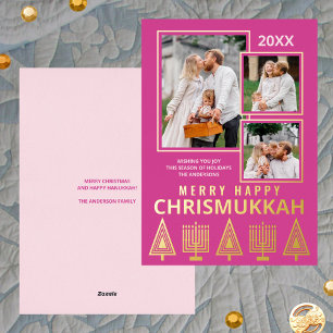 Merry Happy Chrismukkah Chic 3 Foto Roze Goud Folie Feestdagenkaart