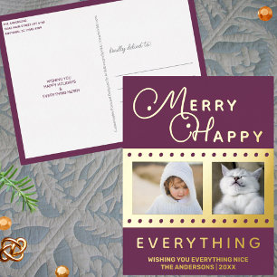 Merry Happy Stylish 2 Photo Word Art Paarse Goud Folie Feestdagen Briefkaart