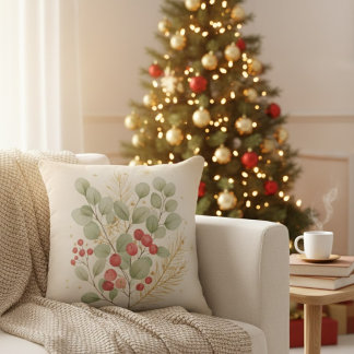 Merry Hearth: Rustic Christmas Botanical Watercolo Kussen