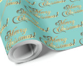 Merry kerst Elegant Faux Gold Script Blauwgroen Cadeaupapier (Rol Hoek)