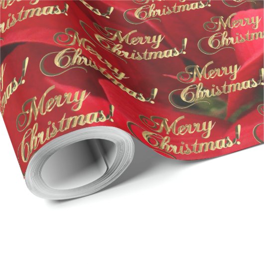 Merry kerst Elegant Gold Script Poinsettia Cadeaupapier (Rol Hoek)