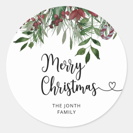 Merry kerst evergreen ronde sticker (Voorkant)