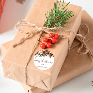 Merry kerst florale groene rode rode dennenfloranj ronde sticker