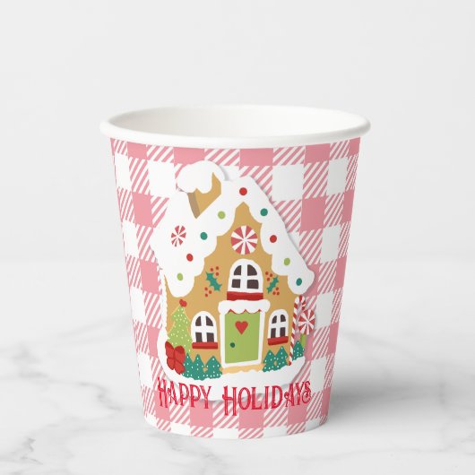 Merry kerst Gingerbrood House Pink Gingham Papieren Bekers (Voorkant)