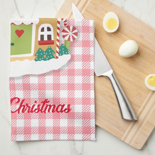 Merry kerst Gingerbrood House Pink Gingham Theedoek (Quarter Fold)