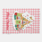 Merry kerst Gingerbrood House Pink Gingham Theedoek (Horizontaal)