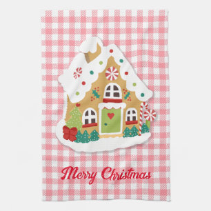 Merry kerst Gingerbrood House Pink Gingham Theedoek