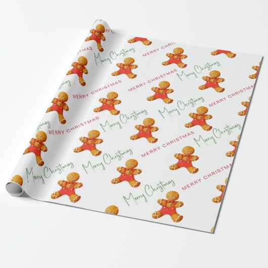 Merry kerst Gingerbrood Man Patroonscript Cadeaupapier (Uitgerold)