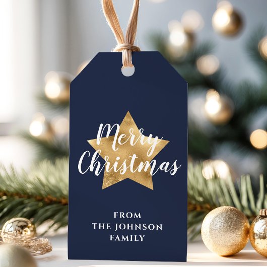Merry kerst Gold Star Navy Blue Cadeaulabel