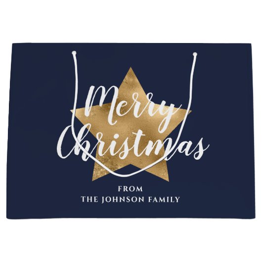 Merry kerst Gold Star Navy Blue Groot Cadeauzakje (Voorkant)