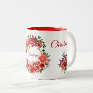 Merry kerst Grandma Floral Poinsettia Wreath T Tweekleurige Koffiemok