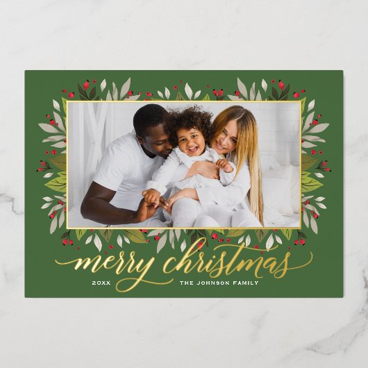 Merry kerst Green Gold legant script Folie Feestdagenkaart (Voorkant)
