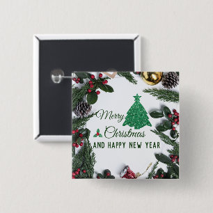Merry kerst - groene glitter vierkante button 5,1 cm