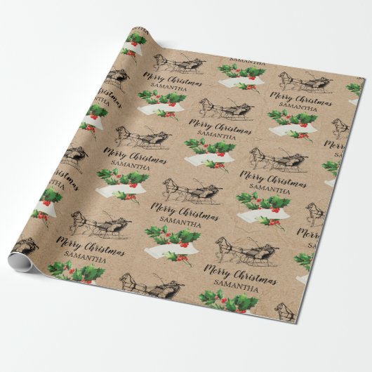 Merry kerst Holly Berries Winter Kraft Brown Cadeaupapier (Uitgerold)