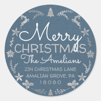 Merry kerst Holly Wreath RSVP Kraft Blue Ronde Sticker