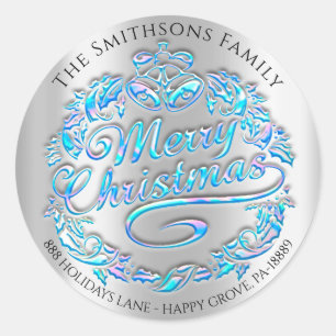 Merry kerst Holly Wreath RSVP Silver Blue Ronde Sticker