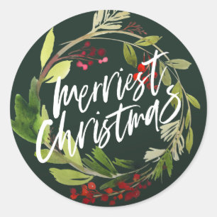 Merry kerst modern chic waterverf foliage ronde sticker