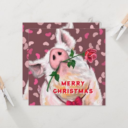 Merry kerst Playful Card Gentleman Pig Roos Kaart (Voorkant / Achterkant in situ)