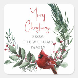 Merry kerst Red Berry kardinaal Bird Vierkante Sticker