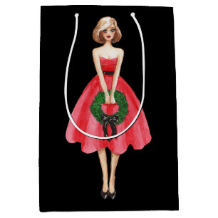 Merry kerst Red Dpress Lady Gift Bag Medium Cadeauzakje