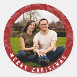 Merry kerst Red Snowflake Foto Ronde Sticker