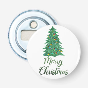 Merry kerst tree - green glitter button flesopener
