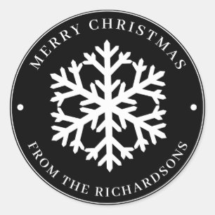 Merry KerstBlack Round White Snowflake Ronde Sticker