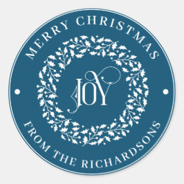 Merry KerstBlue Round White Holly Wreaty Joy Ronde Sticker