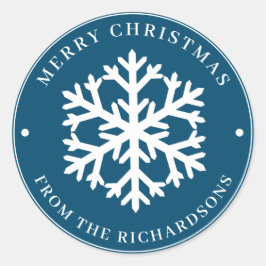 Merry KerstBlue Round White Snowflake Ronde Sticker