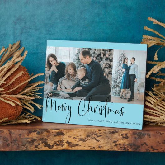 Merry KerstBlue Script Photo Collage Holiday Fotoplaat (Zijkant)