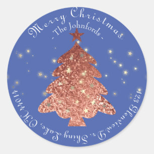 Merry kerstboom RSVP Roos Gold Blue Stars Ronde Sticker