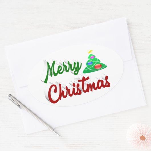 Merry kerstboomrood script ovale sticker (Envelop)