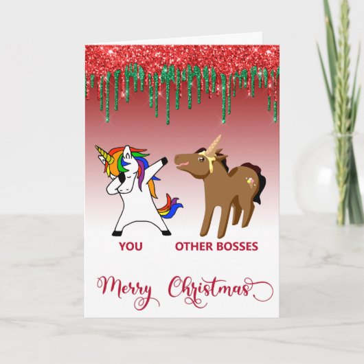 Merry Kerstboss Unicorn Horse Funny Kaart (Voorkant)