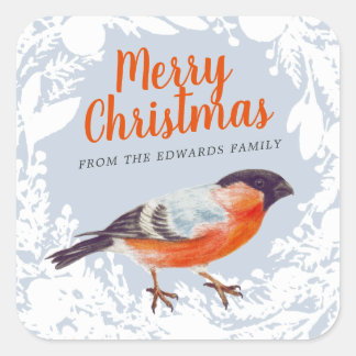 Merry Kerstbullfinch Bird Snowy WreatWinter Vierkante Sticker