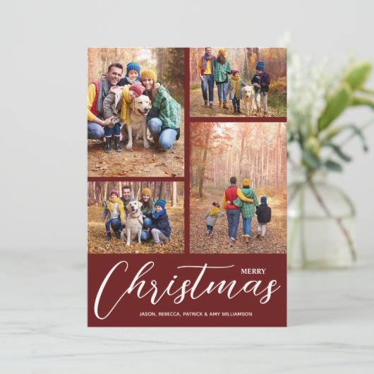 Merry Kerstcollage Multi-Photo Maroon Feestdagenkaart (Staand voorkant)