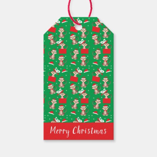 Merry Kerstcute Monkey Santa Hat Pattern Cadeaulabel (Voorkant)