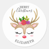 Merry Kerstcute Reindeer Face Ronde Sticker (Voorkant)