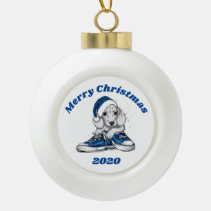 Merry Kerstdachshund Puppy Keramische Bal Ornament