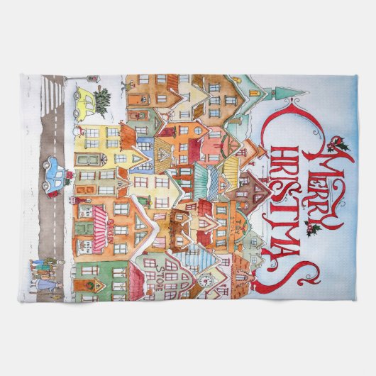 Merry Kerstfeest Funny Whimsical Cute Winter Town Theedoek (Horizontaal)