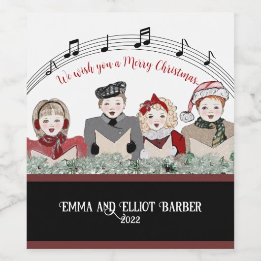 Merry Kerstfeestay Carolers, gepersonaliseerd Wijn Etiket (Enkel label)
