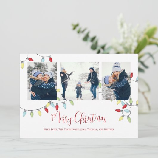 Merry Kerstfeestay Cute String Lights 4 Foto Feestdagenkaart (Staand voorkant)