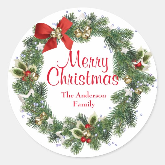 Merry KerstFloral Wreath Ronde Sticker (Voorkant)
