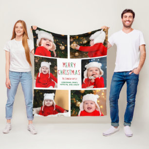 Merry Kerstfoto Collage Beauful Red Green Fleece Deken