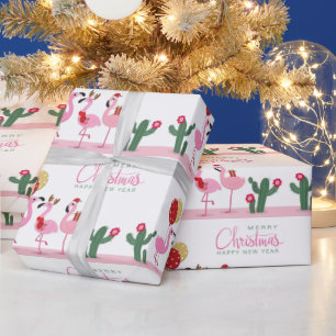Merry KerstGirly Cute Pink Flamingo Cactus Cadeaupapier
