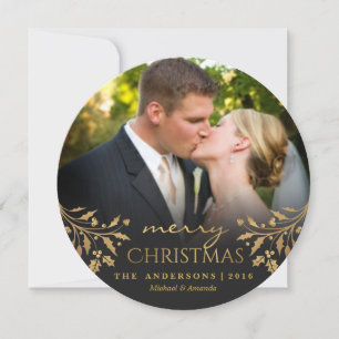 Merry KerstGold Holly Round-fotokaart Feestdagenkaart