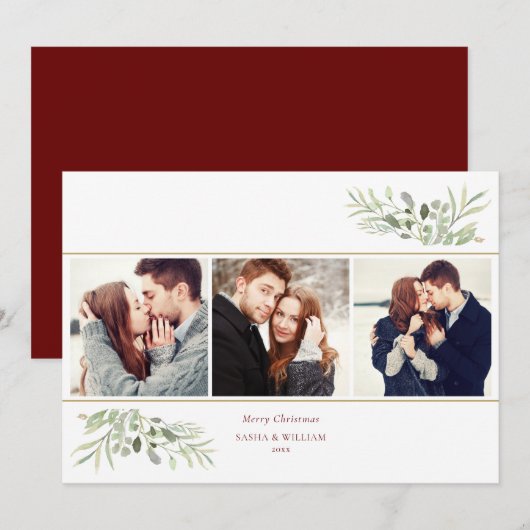 Merry KerstGreenery 3 Foto Collage Feestdagenkaart (Voorkant / Achterkant)