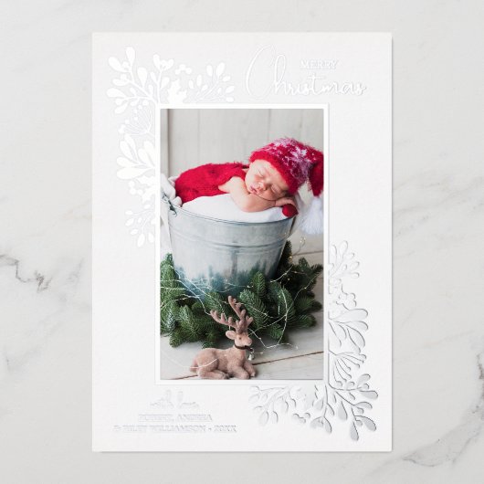 Merry KerstGreenery Silver Folie Feestdagenkaart (Voorkant)