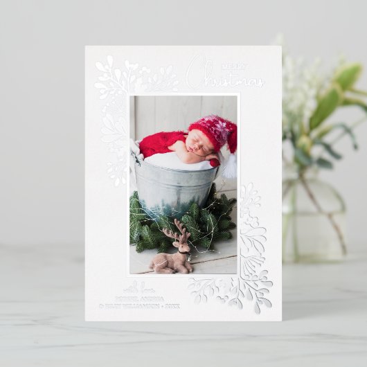Merry KerstGreenery Silver Folie Feestdagenkaart (Staand Voorkant)