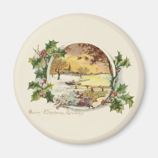 Merry KerstGreetings Village Scene Magneet (Voorkant)